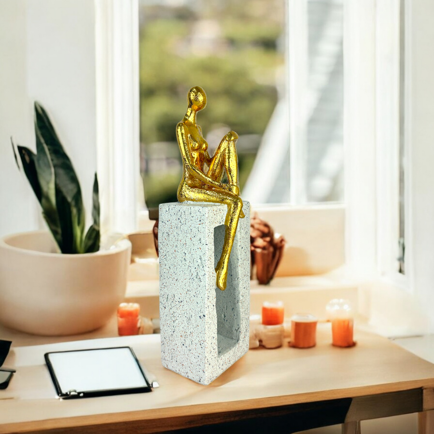 Golden Abstract Woman on Rectangular Stone Frame – Modern Minimalist Resin Sculpture for Home Décor