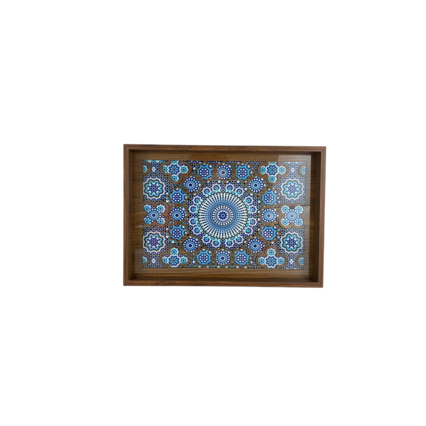 Moroccan Mosaic Wooden Decorative Tray Set – Blue Geometric Tile Pattern (Set of 2)