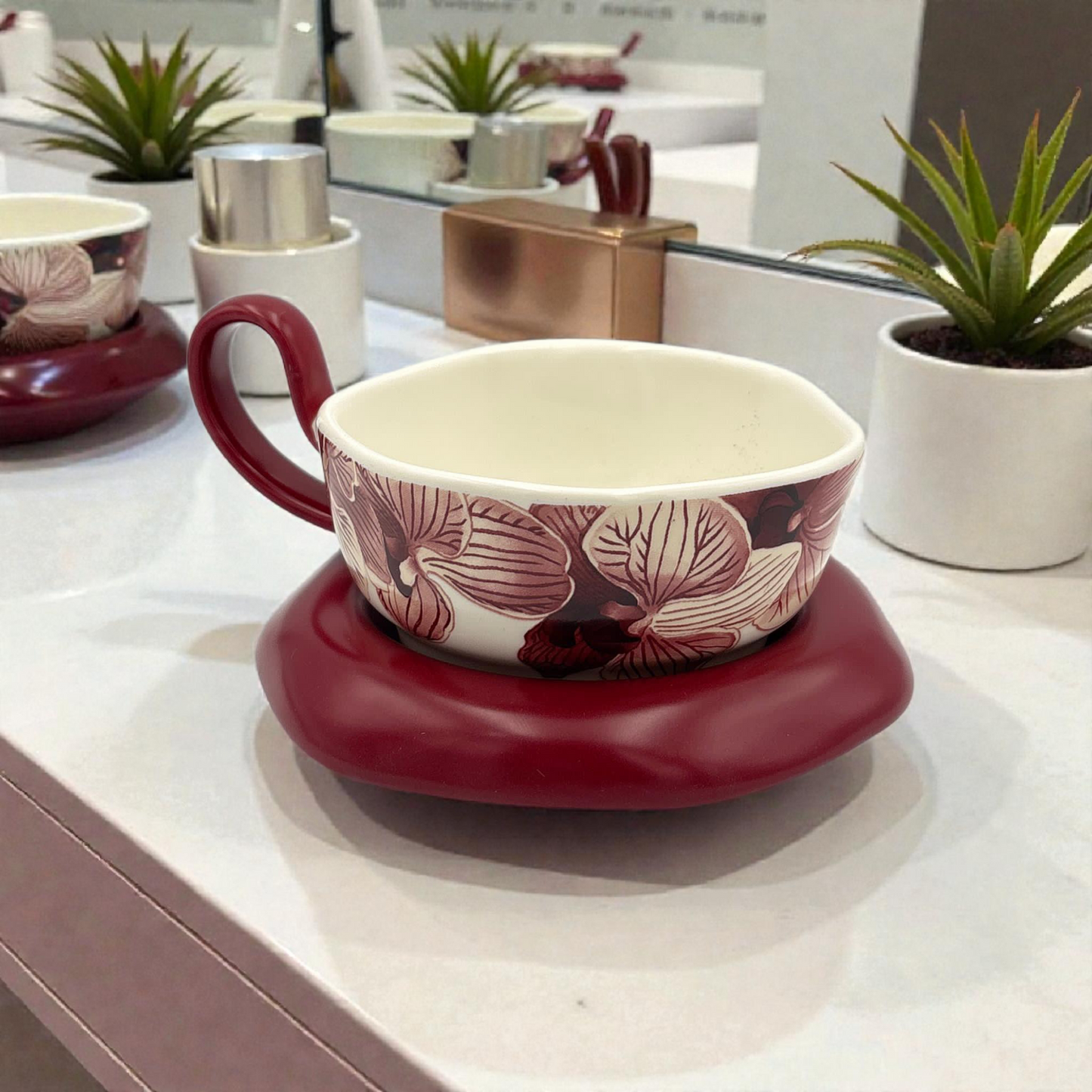 Floral Ceramic Cup and Saucer – Red Coffee Cup Set 270ml