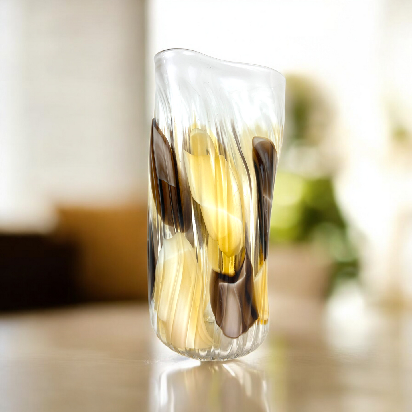 Handblown Glass Vase with Decorative Artificial Floral Arrangement – Modern Home Décor Centerpiece