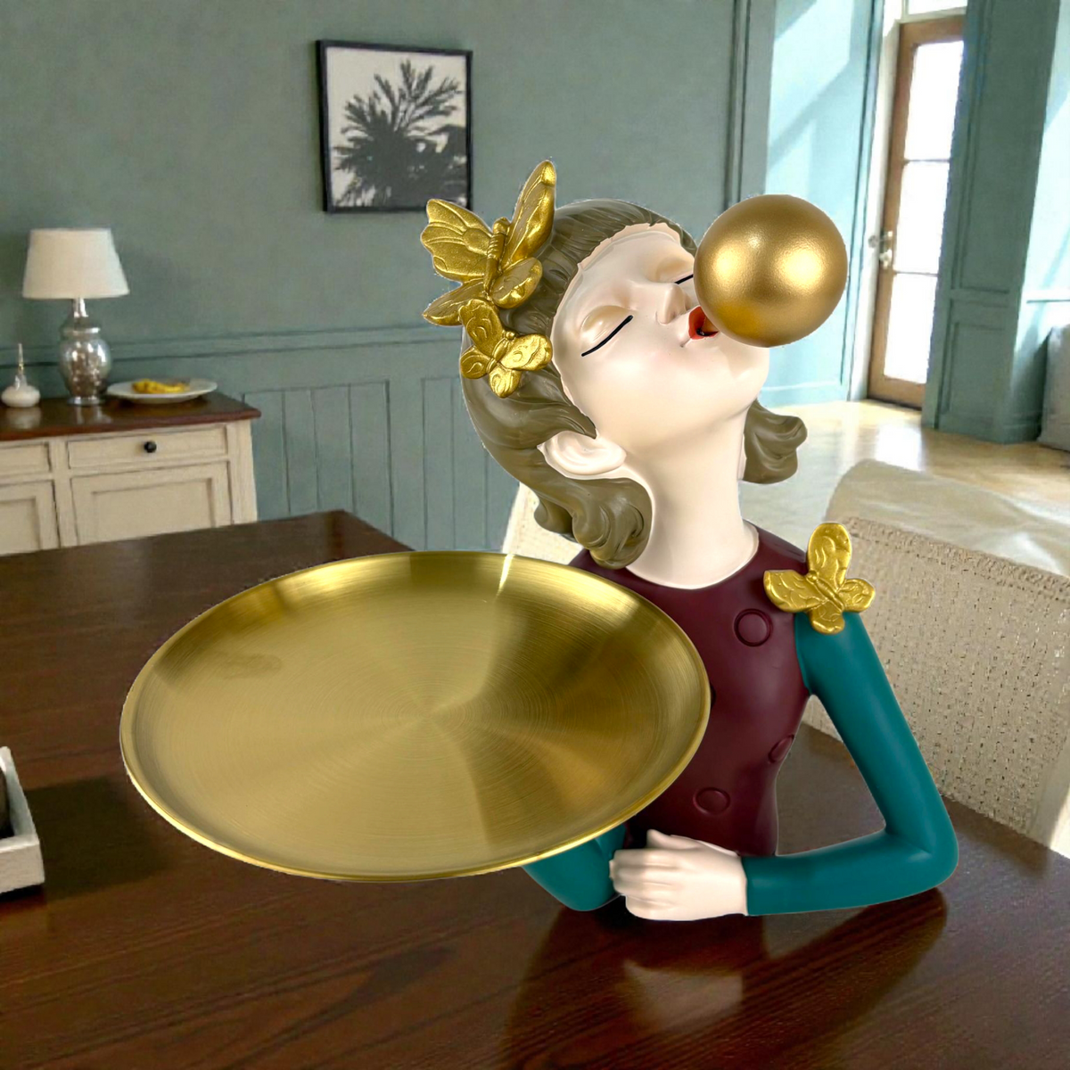 Butterfly Bubble Girl Decorative Tray – Emerald & Burgundy