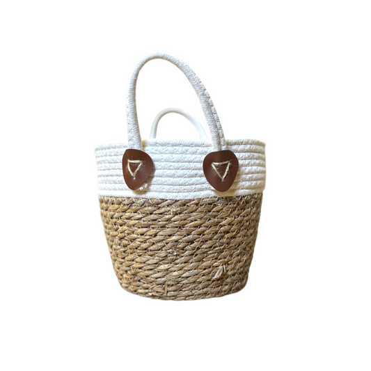 Small Handwoven Seagrass & Cotton Rope Tote Basket – Eco-Friendly Storage Basket / Beach & Market Bag