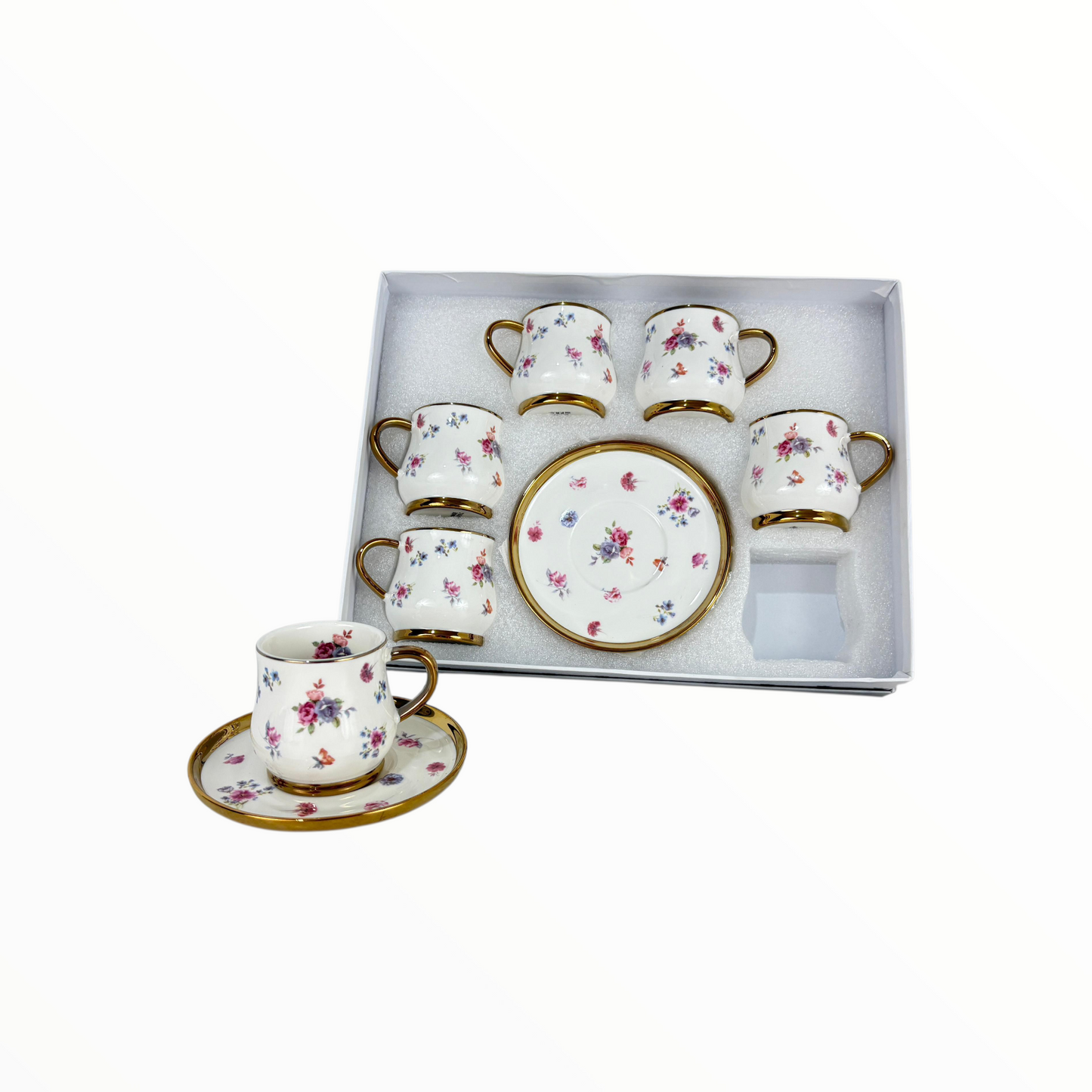 Elegant Floral Coffee Cup & Saucer Set – 12 Porcelain Cups with Gold Handles