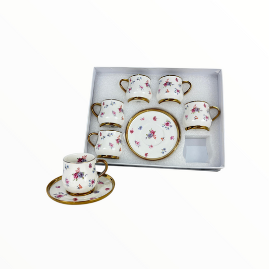 Elegant Floral Coffee Cup & Saucer Set – 12 Porcelain Cups with Gold Handles