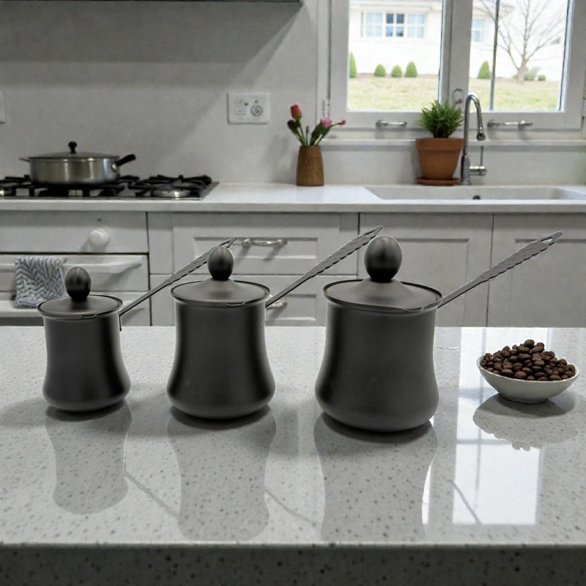 Granite black Turkish Coffee Pot Set  – 3 Sizes, Matte Finish