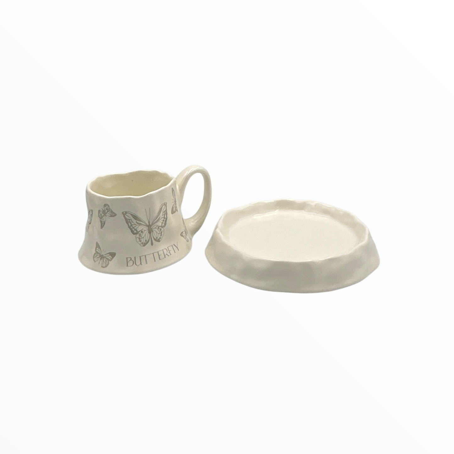 Butterfly Ceramic Cup and Saucer – Cream Decorative Coffee Cup