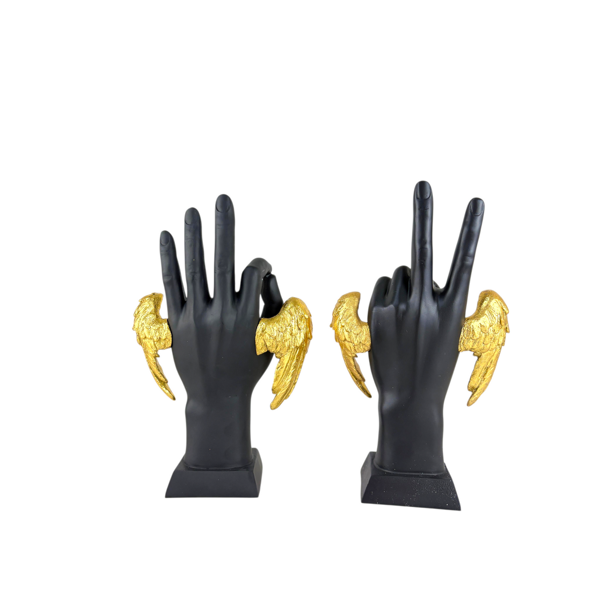 Angel Hand Gesture Sculptures – Black & Gold Decorative Hand Figurine Set with Golden Wings (Set of 2)