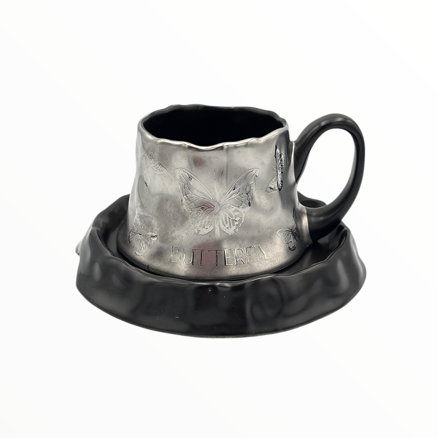 Butterfly Ceramic Cup and Saucer – Elegant Black & Silver Coffee Cup