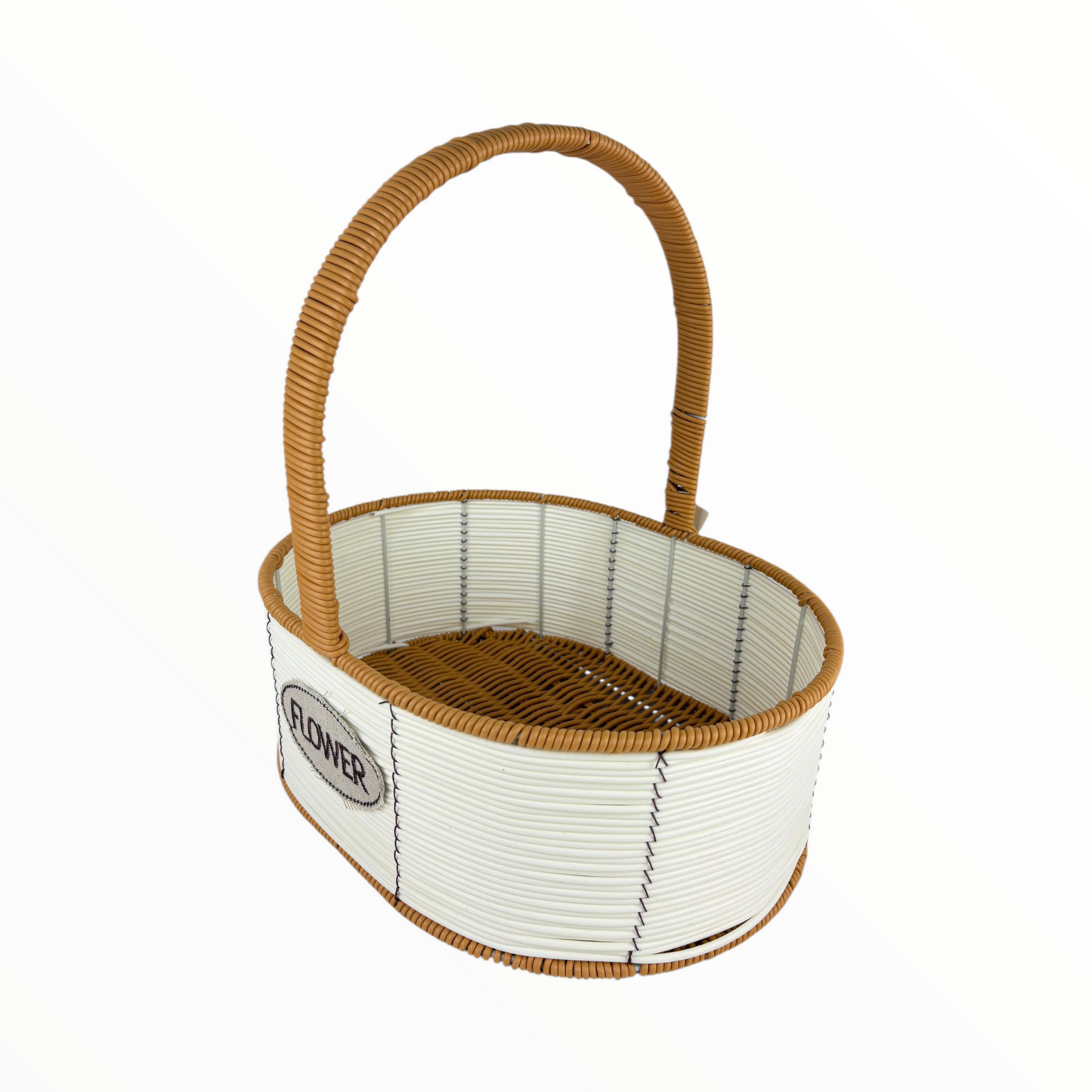 Big Oval Flower Basket with Handle – Decorative White & Brown Woven Organizer