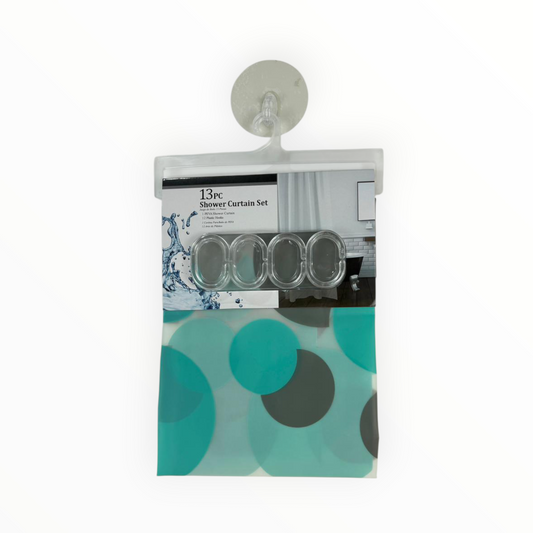 Teal Bubble Shower Curtain Set – Waterproof PVC Curtain with 12 Hooks – Modern Circle Design