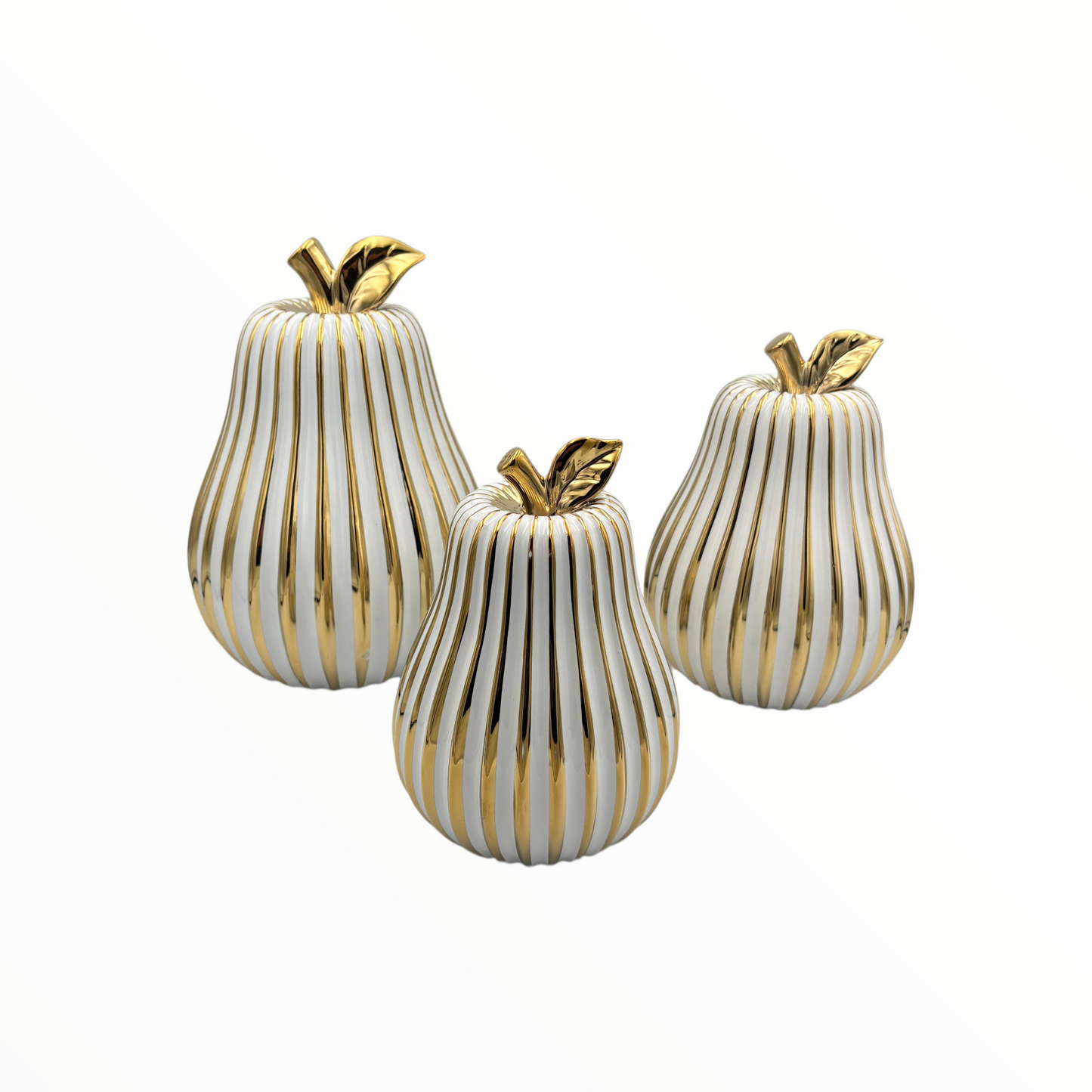 White & Gold Ribbed Pear Decor Set – Luxury Ceramic Decorative Pears (Set of 3)