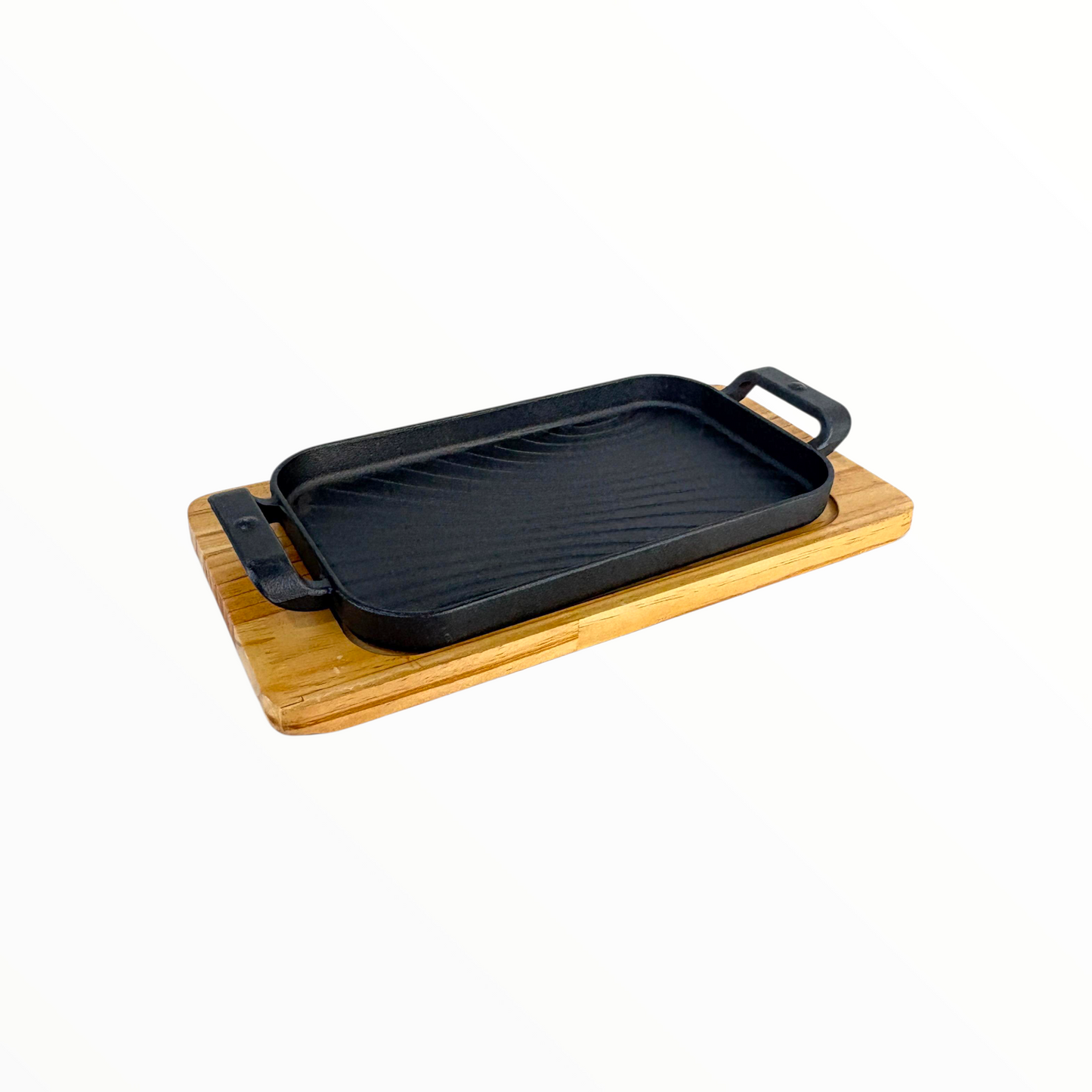 Rectangular Cast Iron Grill Pan with Wooden Serving Board – Pre-Seasoned Sizzling Tray