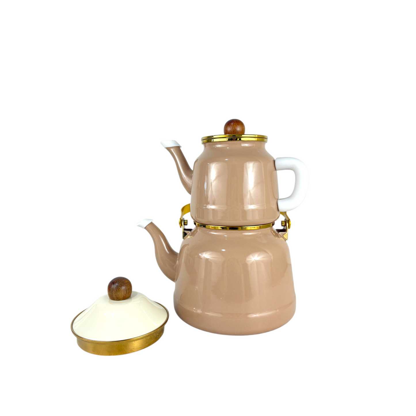 Vintage Enamel Kettle & Teapot Set – Beige with Wooden Handle & Gold Accents