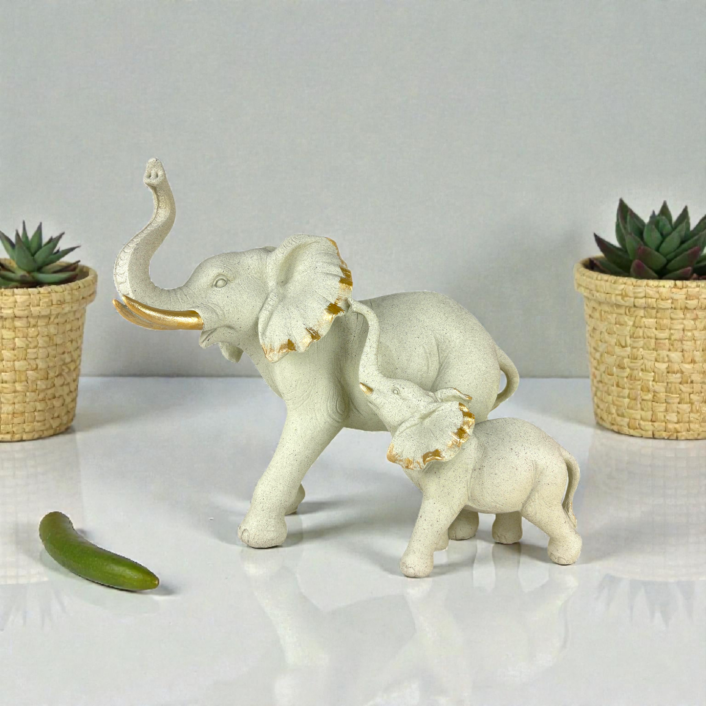 Mother & Baby Elephant Figurine – Stone-Effect Sculpture with Gold Accents for Home Décor