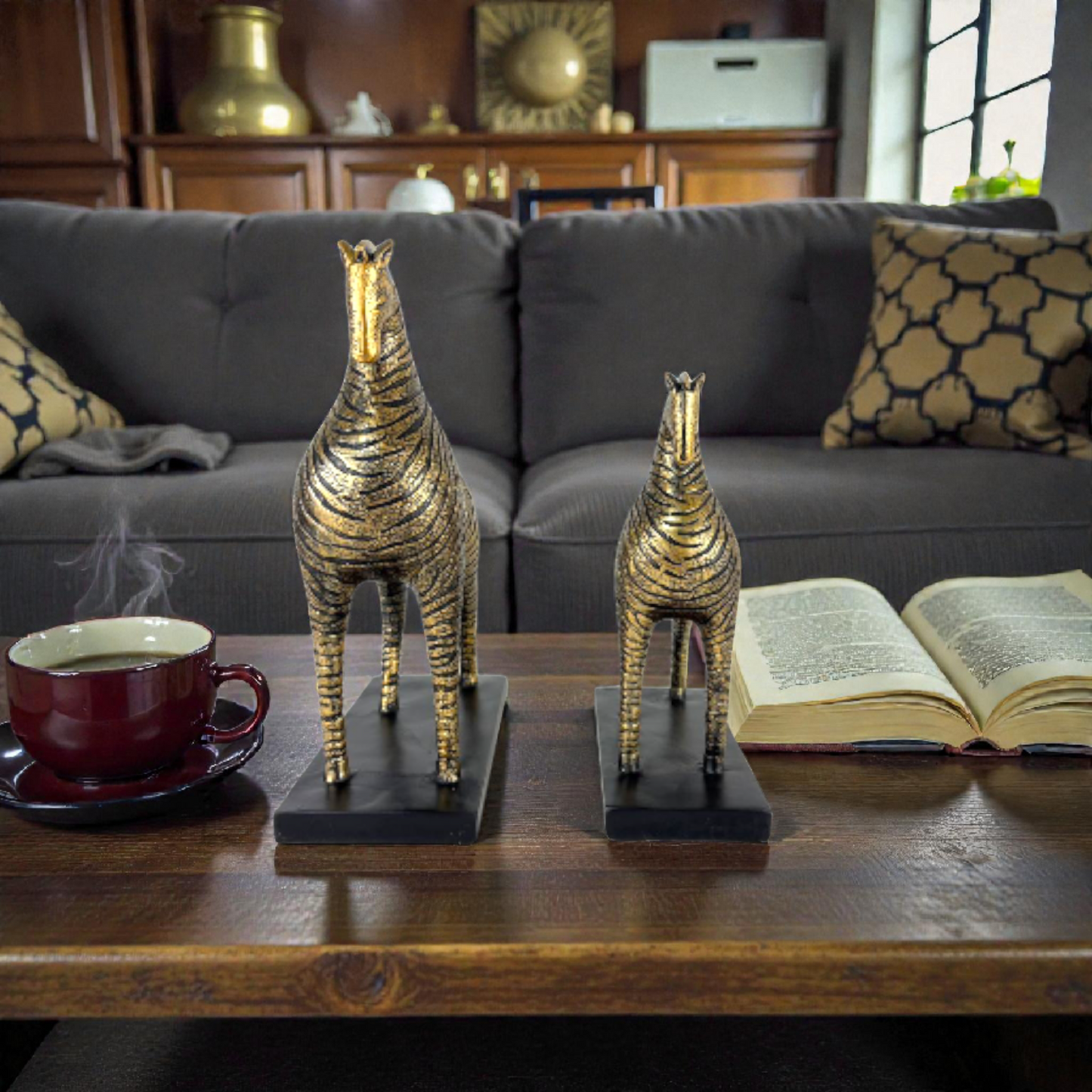 Golden Zebra Horse Figurine Set – Abstract Resin Animal Décor (2 Pieces)