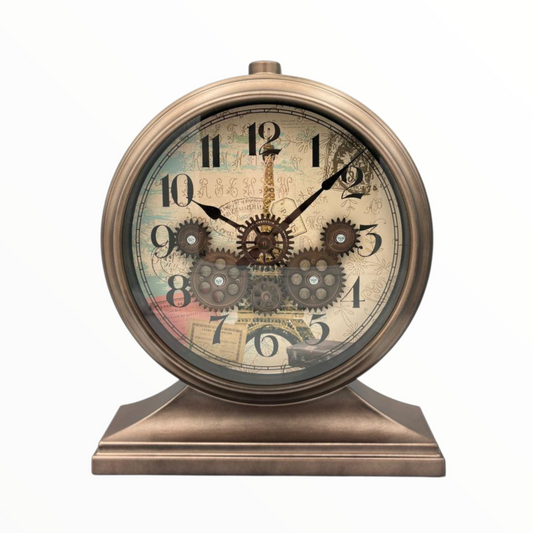 Vintage Bronze Table Clock with Exposed Gears – Classic Decorative Desk Clock