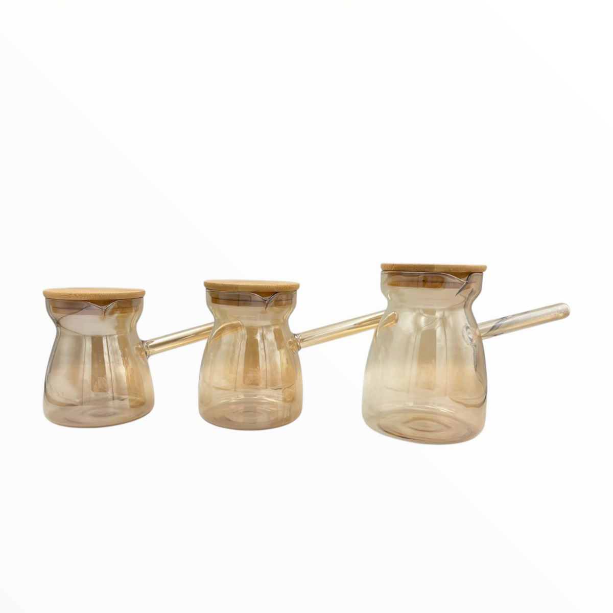 Glass Turkish Coffee Pot Set with Wooden Lid – 3 Sizes Heat-Resistant