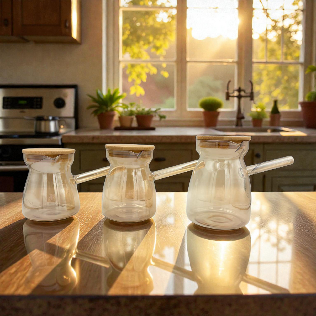Glass Turkish Coffee Pot Set with Wooden Lid – 3 Sizes Heat-Resistant