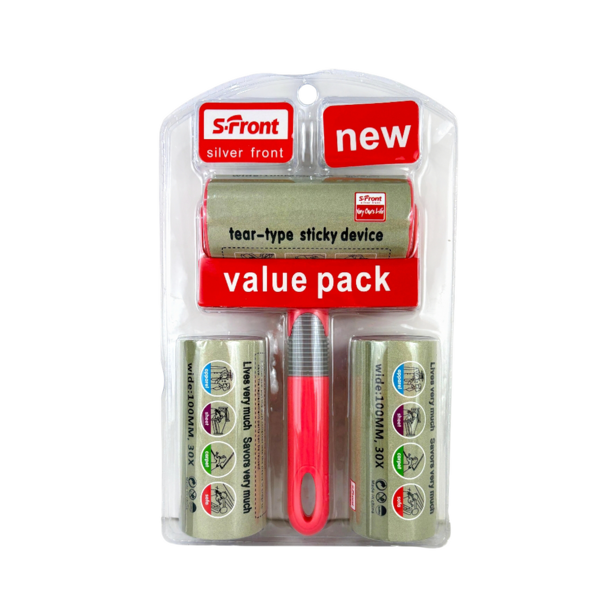 Silver Front Lint Roller Value Pack – Tear-Type Sticky Device with 3 Refill Rolls