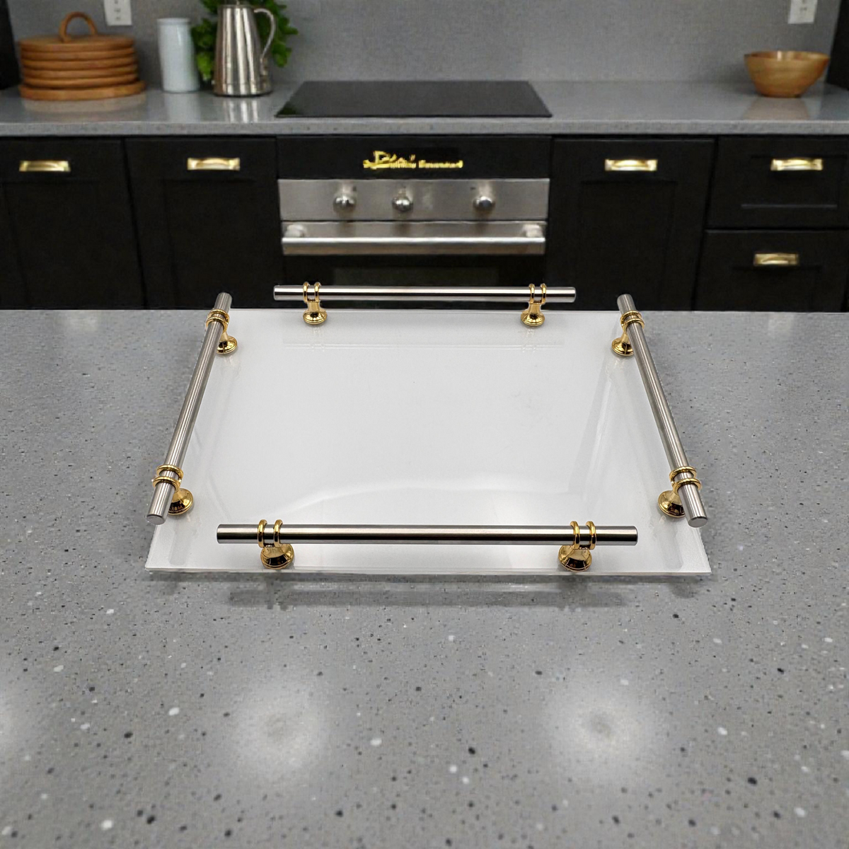 Glass Serving Tray with Gold Handles – Elegant Rectangular Tray