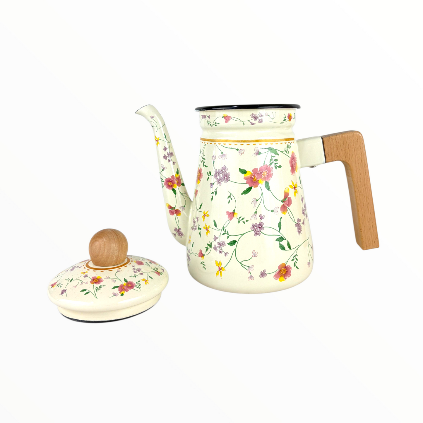 Floral Enamel Tea & Coffee Pot – Vintage Cream Kettle with Wooden Handle
