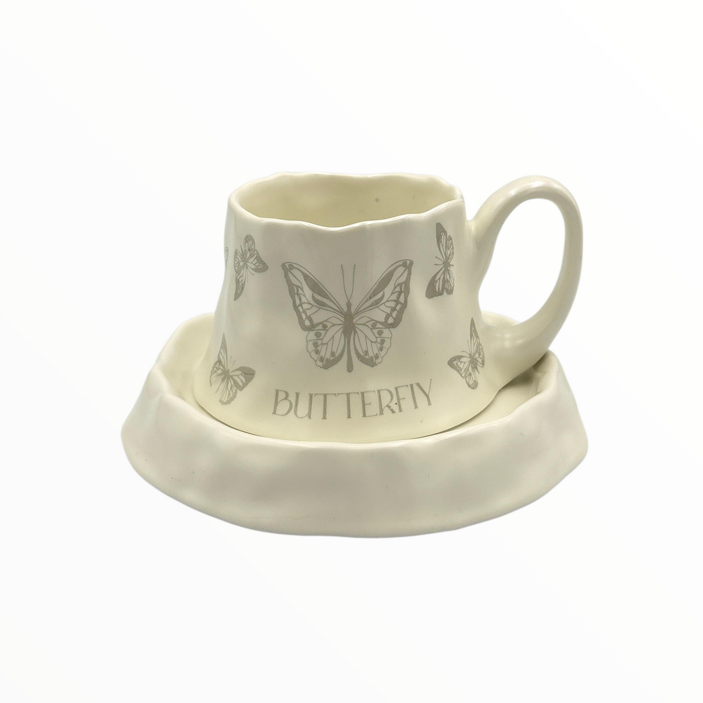 Butterfly Ceramic Cup and Saucer – Cream Decorative Coffee Cup