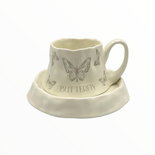 Butterfly Ceramic Cup and Saucer – Cream Decorative Coffee Cup