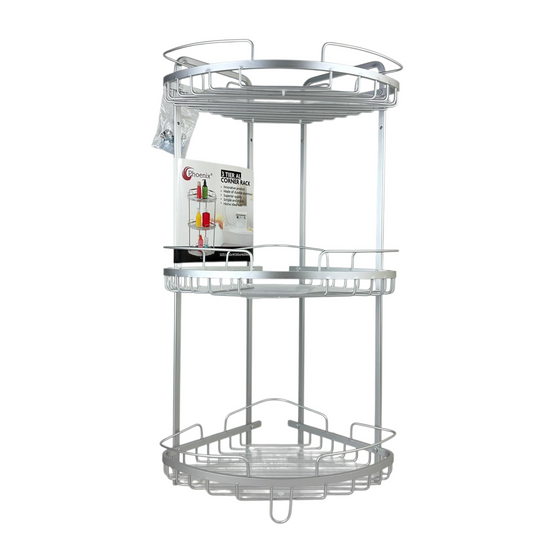 3-Tier Metal Corner Shower Rack | Tall silver Bathroom organizer stand