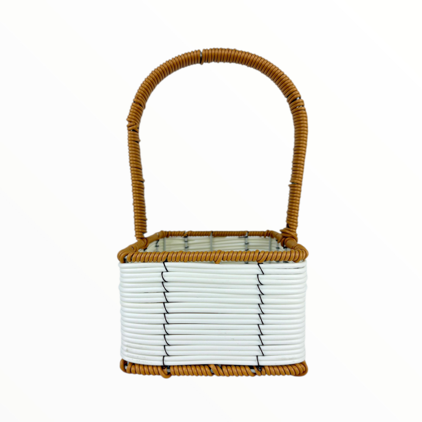 Big Rectangular Flower Basket with Handle – White & Brown Woven Decorative Organizer