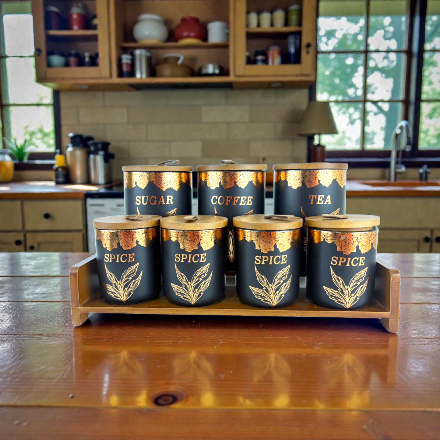 Luxury Ceramic Kitchen Canister Set with Wooden Tray – Sugar, Coffee, Tea & Spice Storage Jars (7-Piece Set)