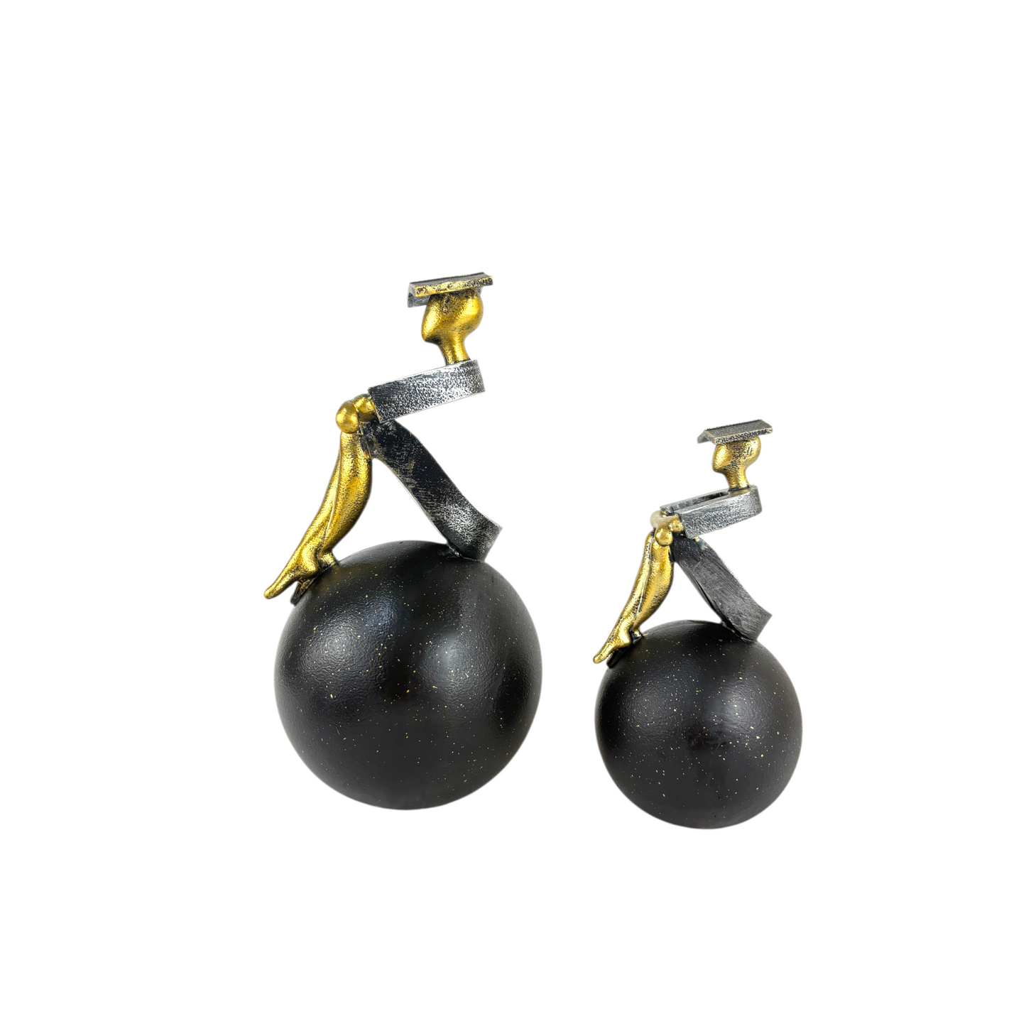 Modern Thinker Figurine Set – Gold & Black Abstract Statues on Spheres (Home & Office Decor)