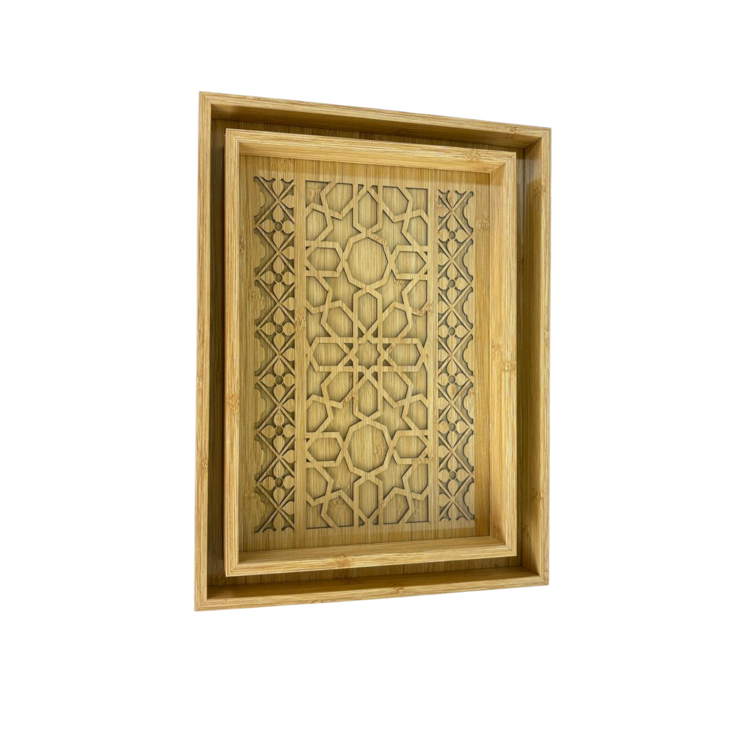 Hand-Carved Wooden Decorative Tray Set – Geometric Oriental Pattern Home Décor (Set of 2)