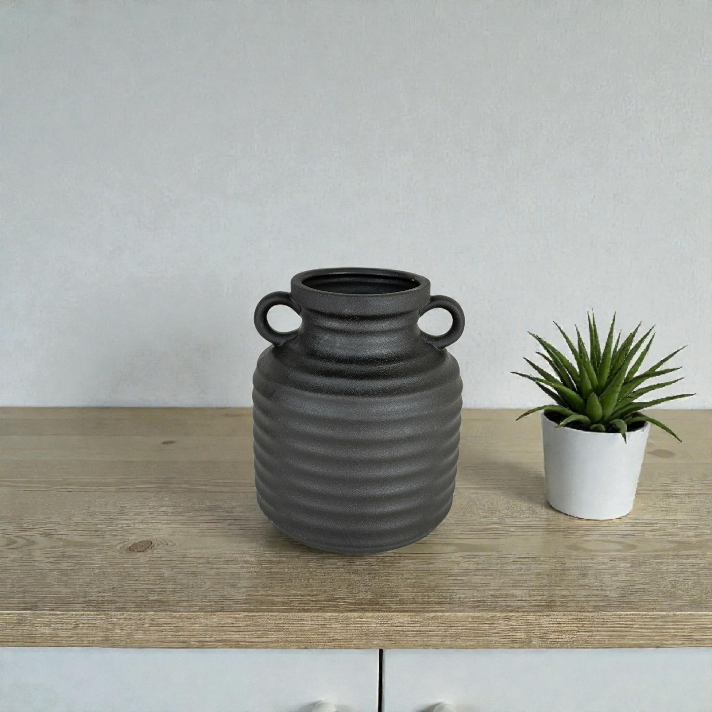 Ribbed Ceramic Vase with Handles – Modern Minimalist Decorative Vase