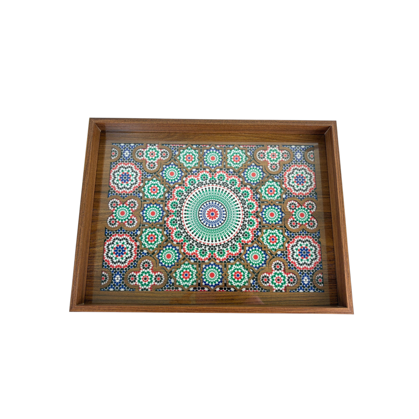 Moroccan Mosaic Wooden Decorative Tray Set – Blue green Geometric Tile Pattern (Set of 2)