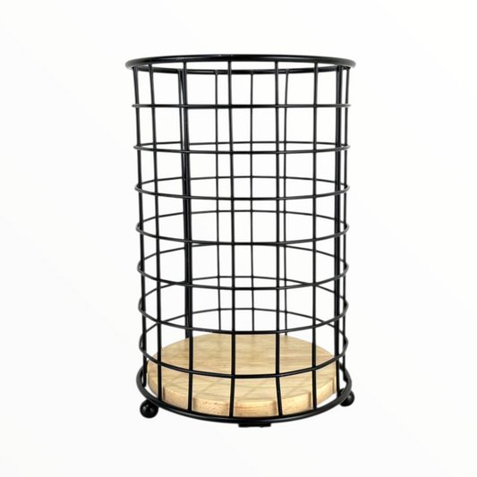 Modern Black Metal Storage Basket with Wooden Base – Multi-Purpose Organizer for Home & Kitchen