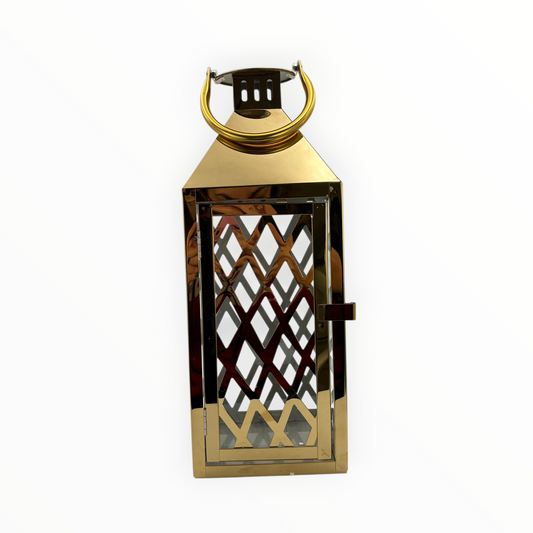 Gold Metal Decorative Lantern with Diamond Pattern – Indoor & Outdoor Candle Holder