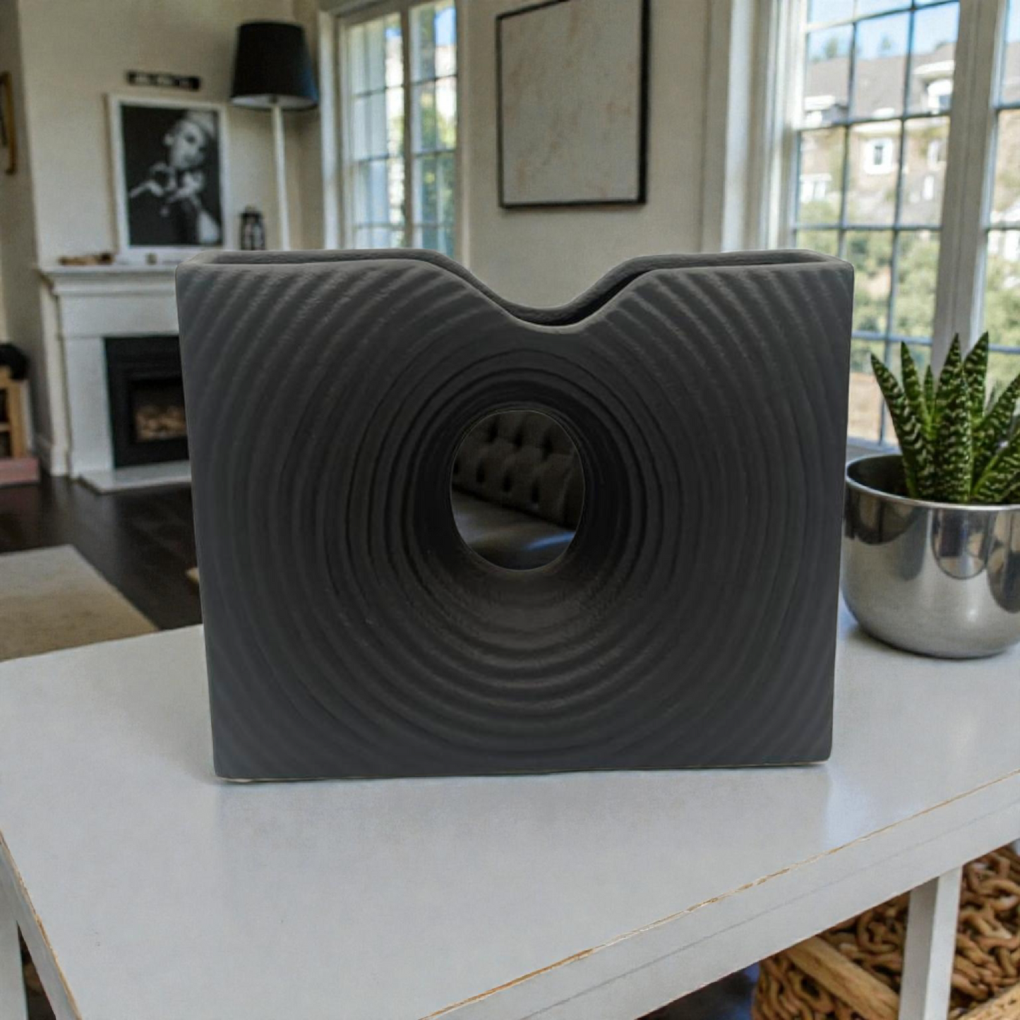 Modern Black Abstract Ceramic Vase with Center Hole | Minimalist Sculptural Home Décor