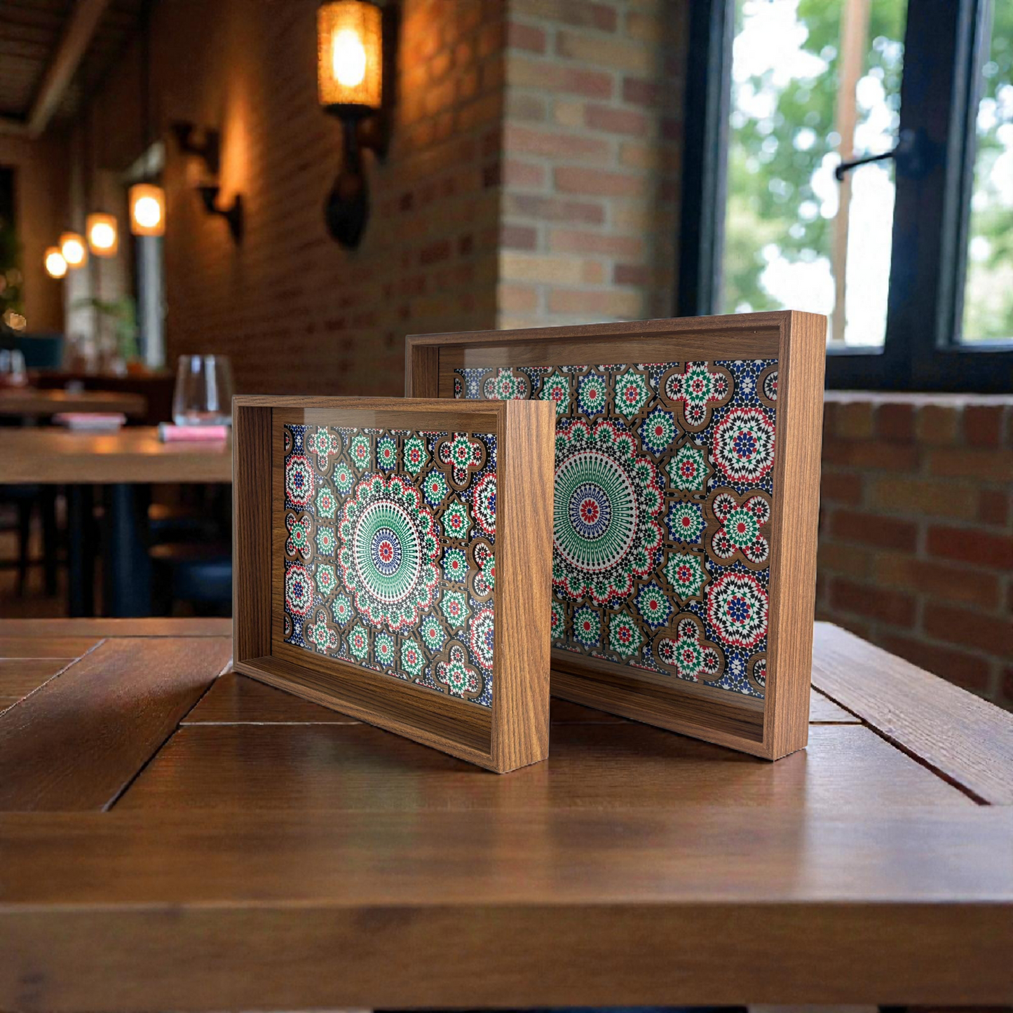 Moroccan Mosaic Wooden Decorative Tray Set – Blue green Geometric Tile Pattern (Set of 2)