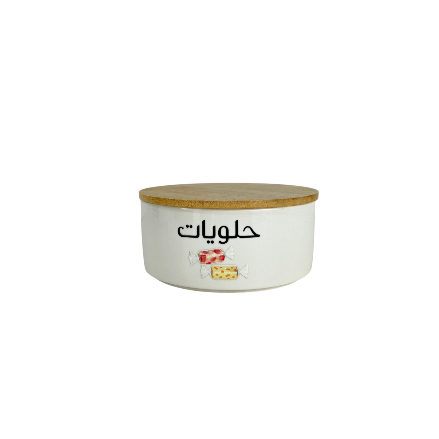 Arabic Labeled Ceramic Storage Jar with Bamboo Lid – Sugar, Sweets & Cheese Kitchen Container