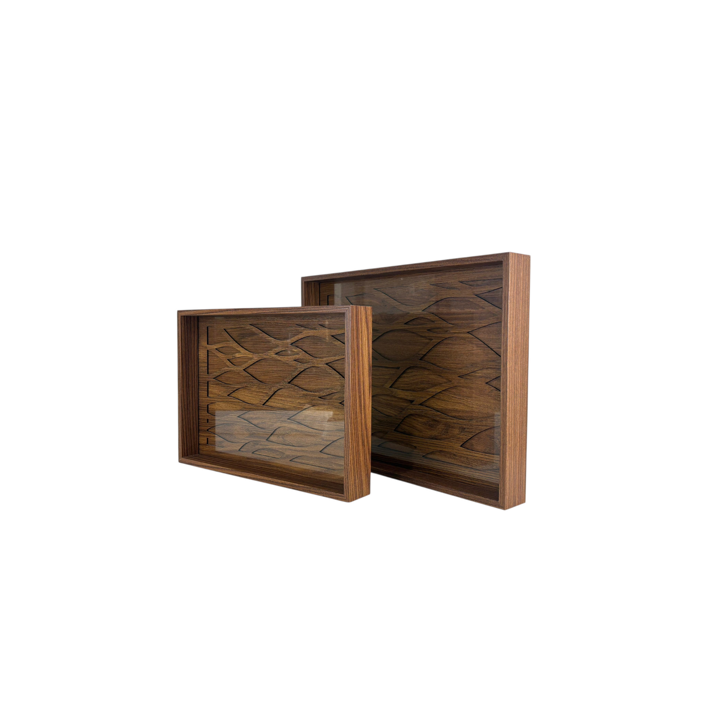 Hand-Carved Wooden Decorative Tray Set – Geometric Oriental Pattern Home Décor (Set of 2)