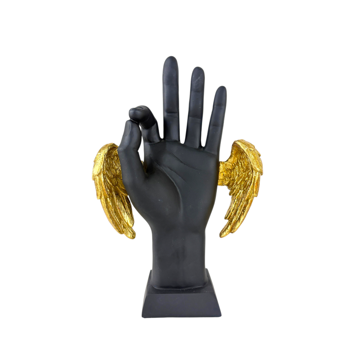 Angel Hand Gesture Sculptures – Black & Gold Decorative Hand Figurine Set with Golden Wings (Set of 2)