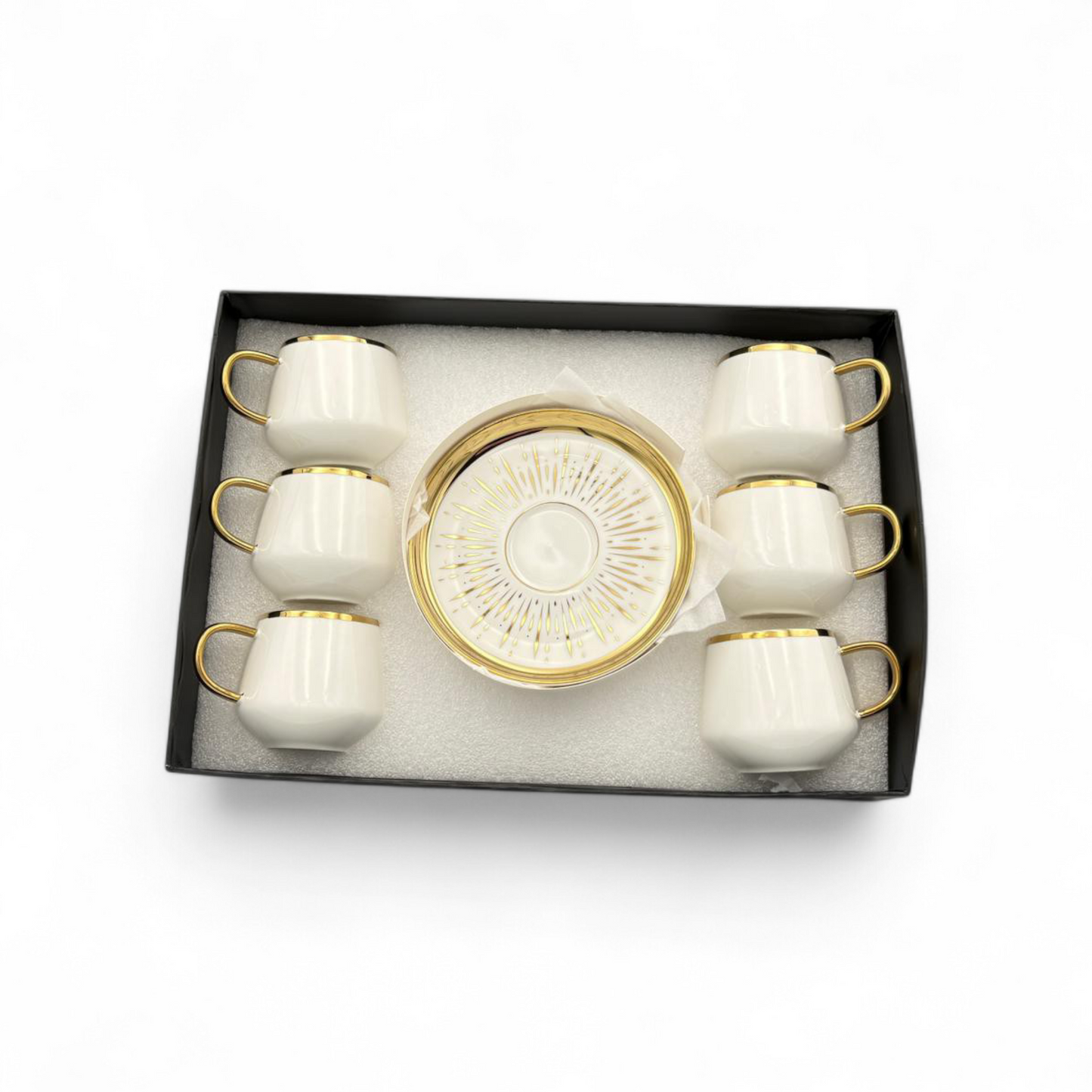 Porcelain Coffee Cup Set – White with Blue & Gold Decorative Design 12pcs