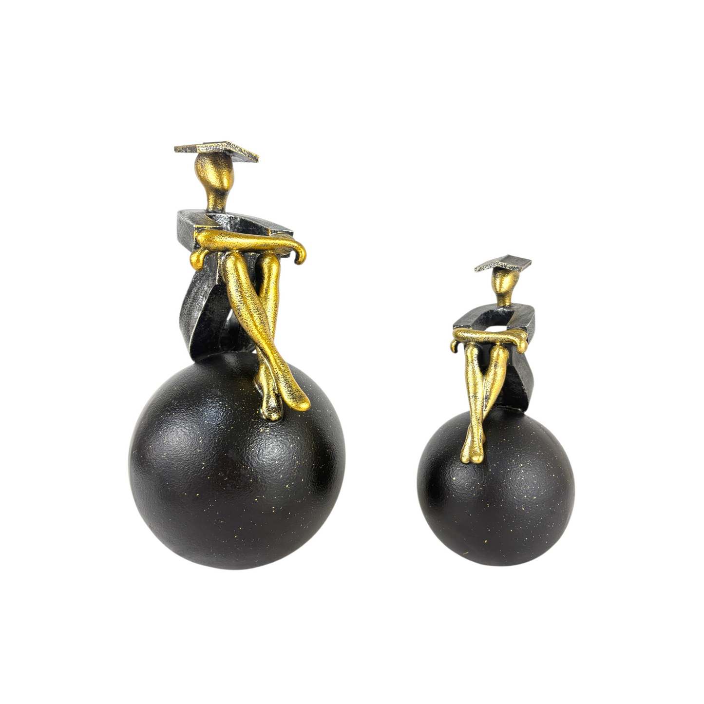 Modern Thinker Figurine Set – Gold & Black Abstract Statues on Spheres (Home & Office Decor)
