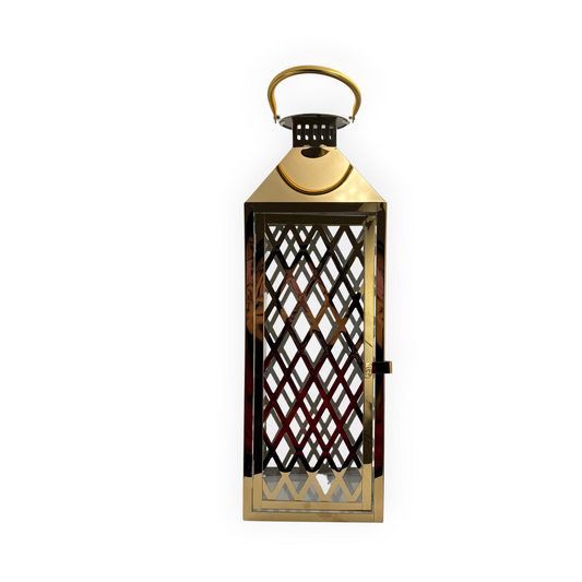 Gold Metal Decorative Lantern with Diamond Pattern – Indoor & Outdoor Candle Holder