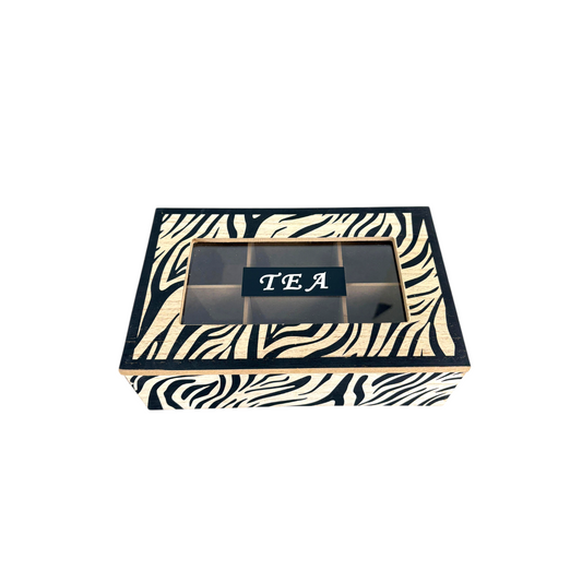 Zebra Print Wooden Tea Box with Glass Lid – 6-Compartment Tea Organizer