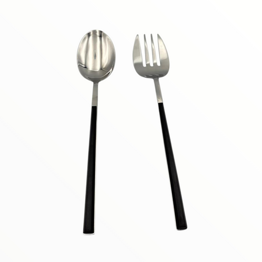 Stainless Steel Serving Spoon and Fork Set – Black Handle Kitchen Utensils