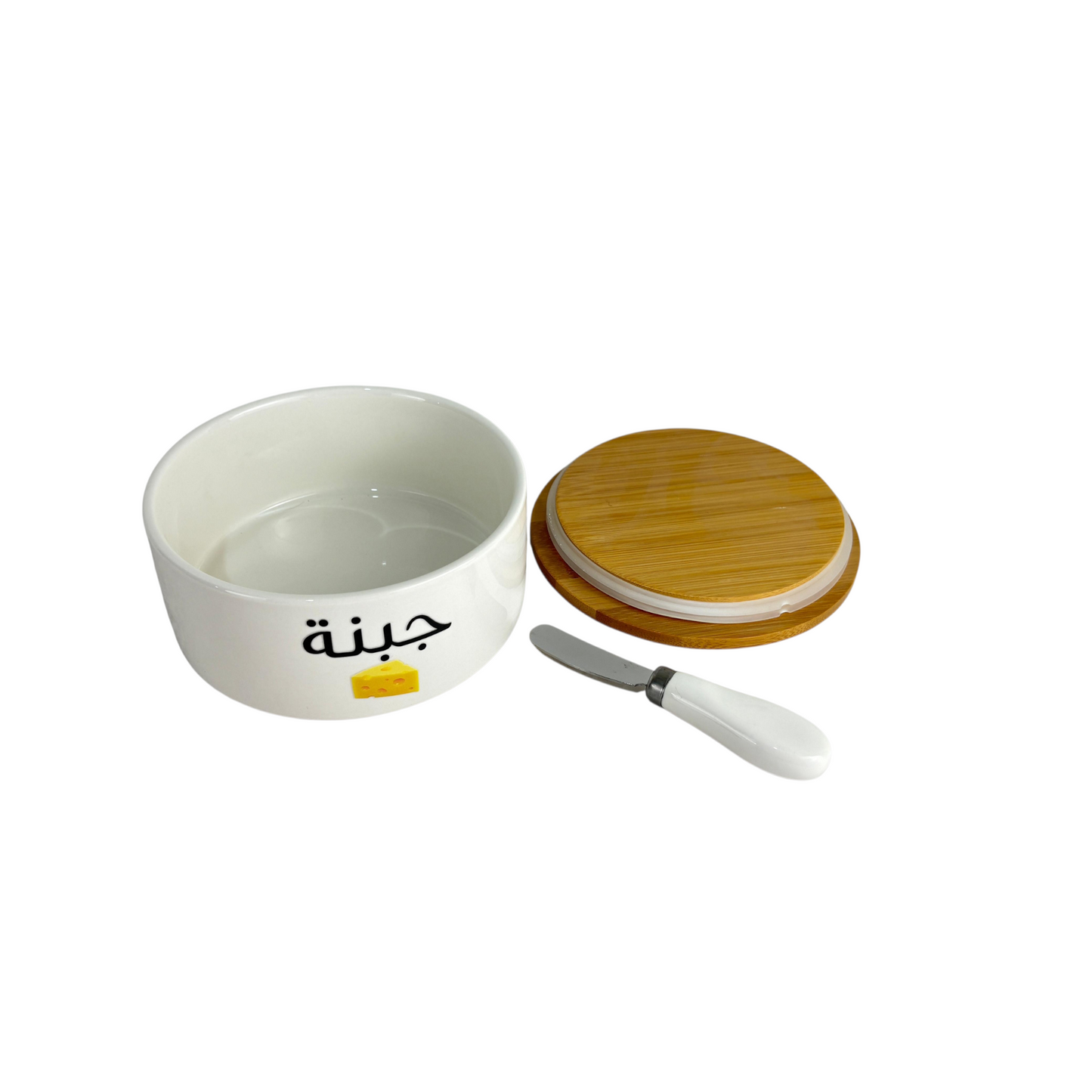 Arabic Labeled Ceramic Storage Jar with Bamboo Lid – Sugar, Sweets & Cheese Kitchen Container