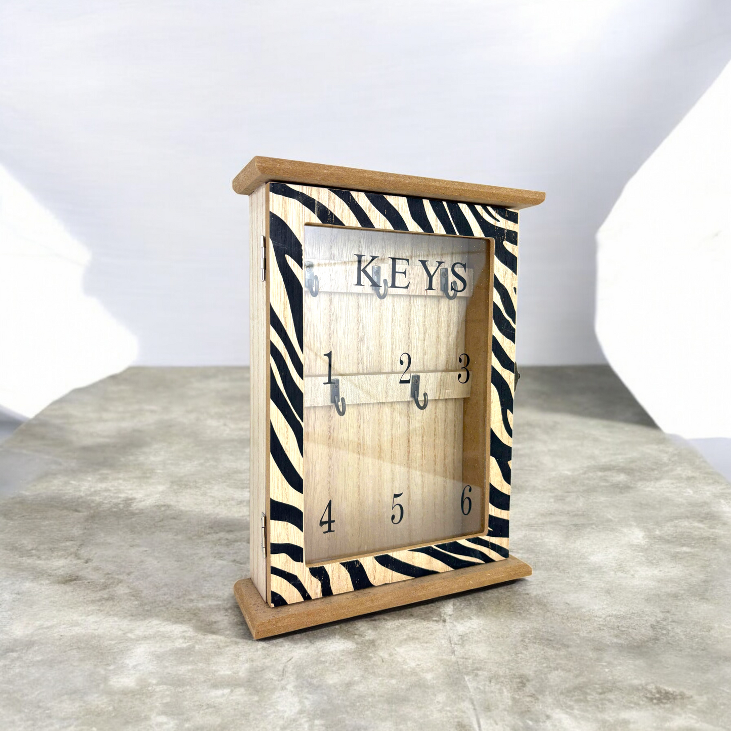 Zebra Print Wooden Key Cabinet – Wall-Mount Key Holder Box with Glass Door & Numbered Metal Hooks