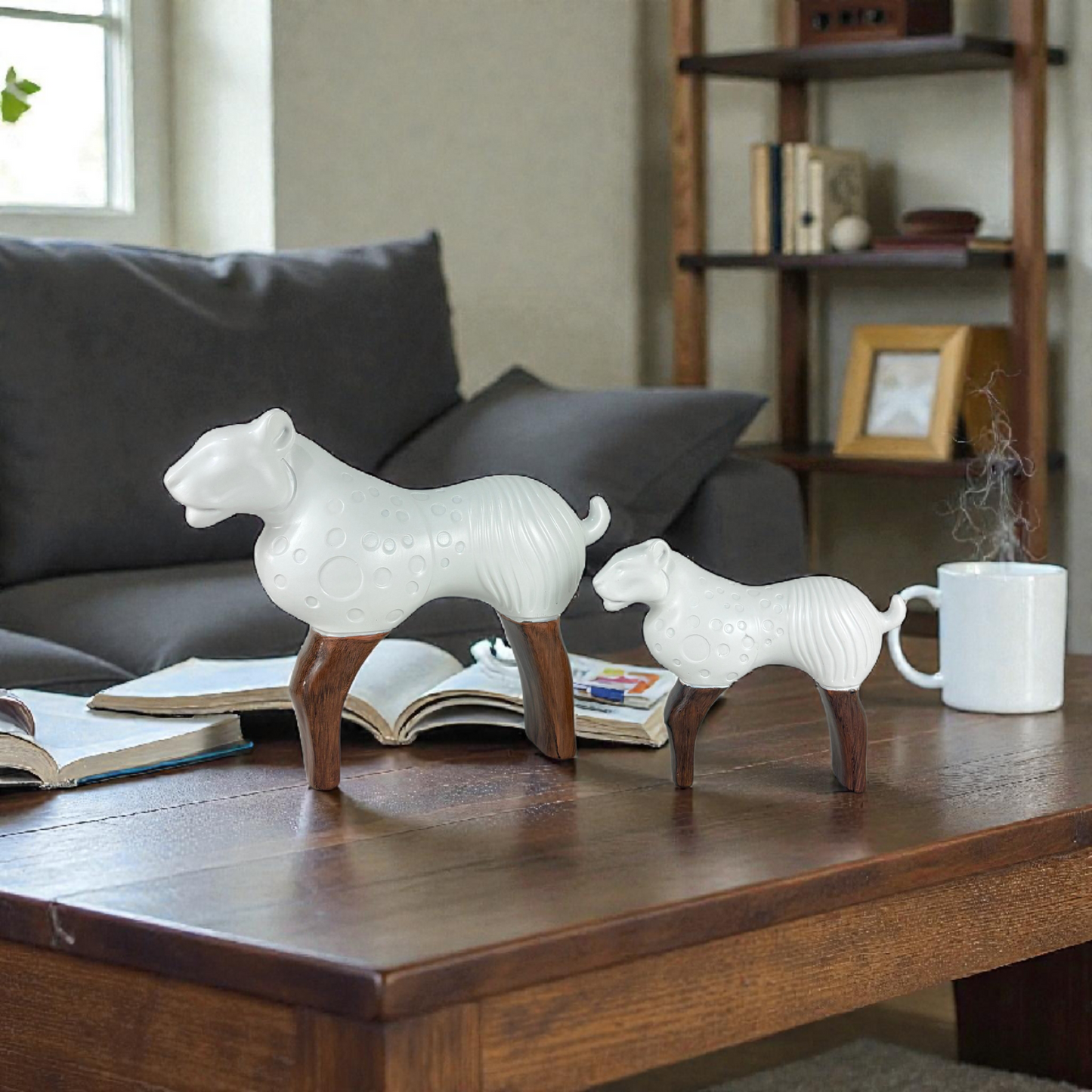 White Abstract Animal Figurine Set – Modern Resin Décor with Wooden Legs (2 Pieces)