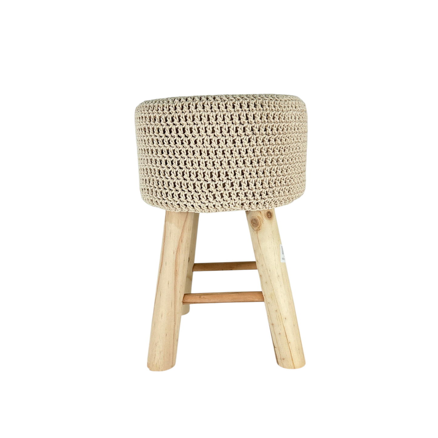 Boho Handmade Macramé Stool with Wooden Legs – Natural Woven Accent Seat